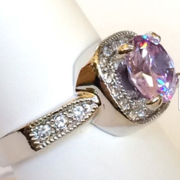 Silver Deco Amethyst Halo Cocktail Ring Size 10 Purple Cubic Zirconia Rodium - Picture 8 of 8